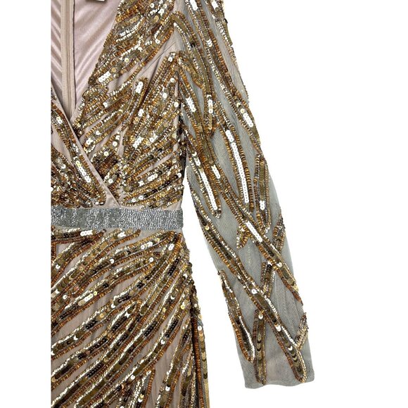 Mac Duggal Gold Copper Evening Gown V-Neck Sequins Long Sleeve Wedding Formal - Picture 5 of 15